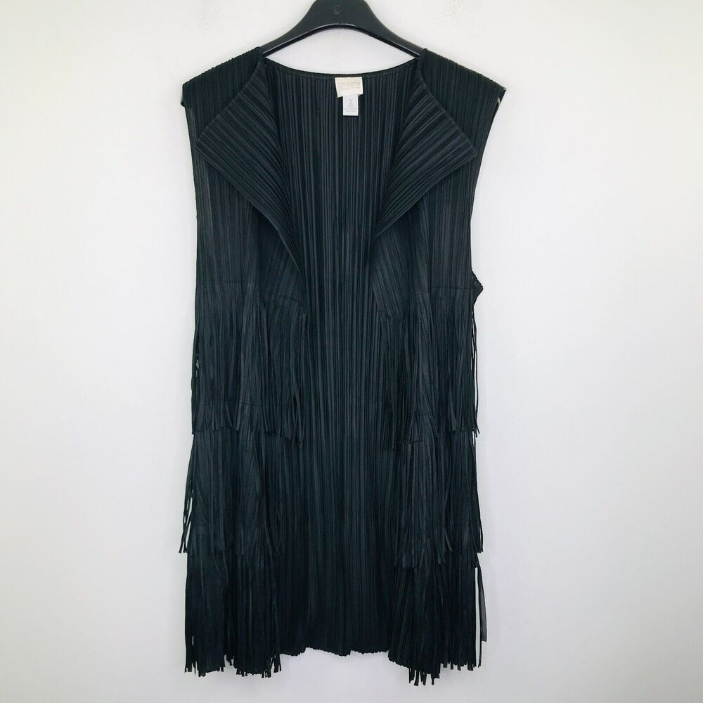 Chico's 2 Women's Large Vest Black Tasseled Fringe Draped Open Front BQ5